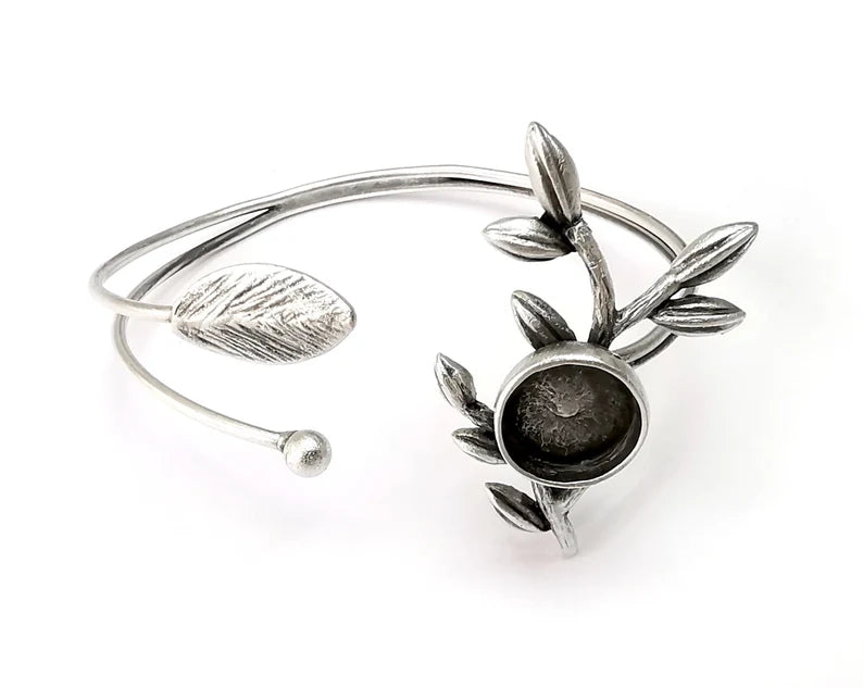Branch Leaf Bracelet Bezel Blank Resin Bezel Cabochon Cuff Base Settings Adjustable Bracelet Antique Silver Plated Brass (12mm Bezel) G33415