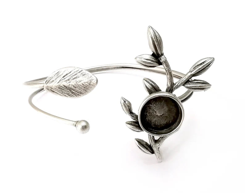 Branch Leaf Bracelet Bezel Blank Resin Bezel Cabochon Cuff Base Settings Adjustable Bracelet Antique Silver Plated Brass (12mm Bezel) G33415