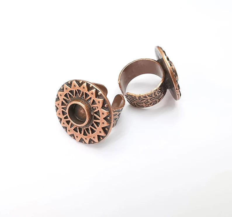 Copper Ring Setting Blank Cabochon Mounting Adjustable Resin Base Bezel Mosaic, Antique Copper Plated Brass (8mm) G33346