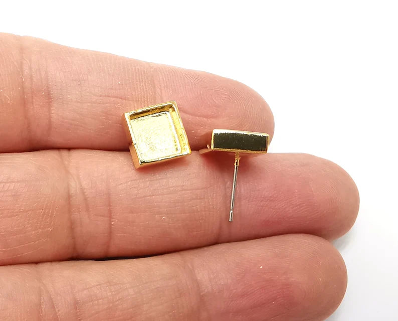 Gold Square Blank Earring Bezel Set Base Shiny Gold Plated Brass Earring Stud Base (8mm blank) G33357