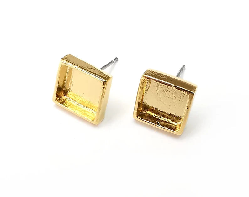 Gold Square Blank Earring Bezel Set Base Shiny Gold Plated Brass Earring Stud Base (8mm blank) G33357
