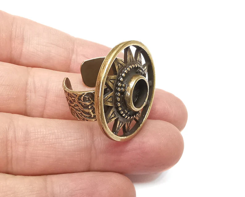 Sun Ring Setting Blank Cabochon Mounting Adjustable Resin Base Bezel Mosaic, Antique Bronze Plated Brass (8mm) G33359