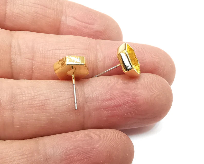 Gold Hexagonal Blank Earring Bezel Set Base Shiny Gold Plated Brass Earring Stud Base (8mm blank) G33361