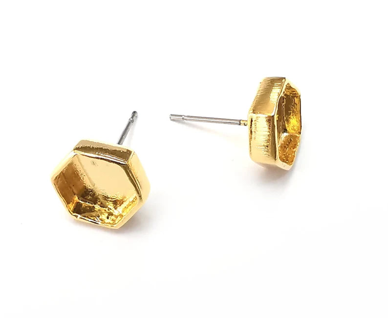Gold Hexagonal Blank Earring Bezel Set Base Shiny Gold Plated Brass Earring Stud Base (8mm blank) G33361