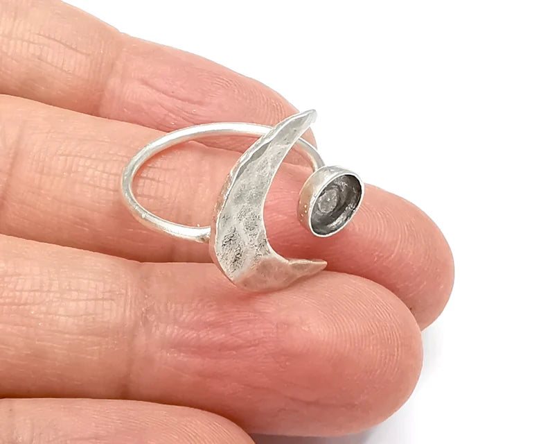 Crescent Moon Silver Ring Blank Base Bezel Settings Cabochon Base Mountings Adjustable , Antique Silver Plated Brass (6mm Blank) G33424