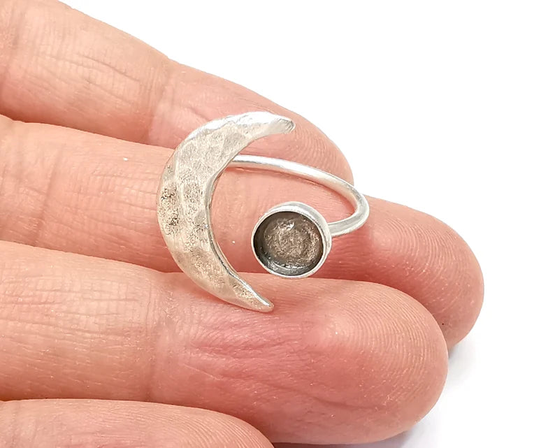 Crescent Moon Silver Ring Blank Base Bezel Settings Cabochon Base Mountings Adjustable , Antique Silver Plated Brass (6mm Blank) G33424