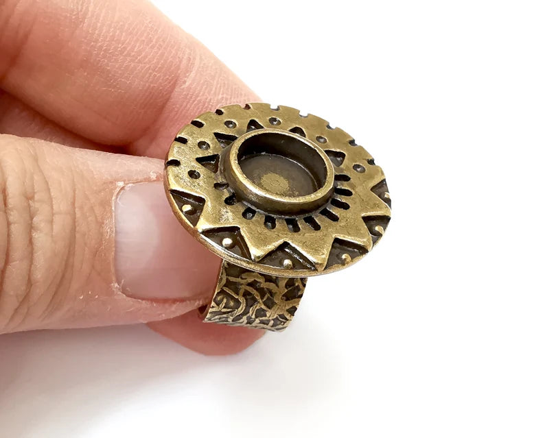 Ethnic Ring Setting Blank Cabochon Mounting Adjustable Resin Base Bezel Mosaic, Antique Bronze Plated Brass (10mm) G33365
