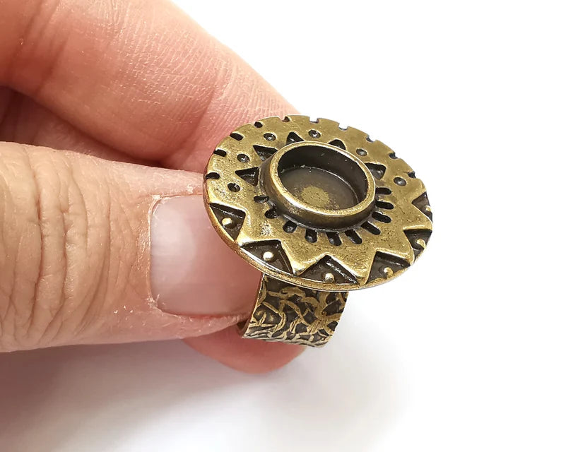 Ethnic Ring Setting Blank Cabochon Mounting Adjustable Resin Base Bezel Mosaic, Antique Bronze Plated Brass (10mm) G33365