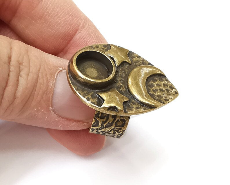 Drop Crescent Star Ring Setting Blank Cabochon Mounting Adjustable Resin Base Bezel Mosaic, Antique Bronze Plated Brass (10mm) G33366