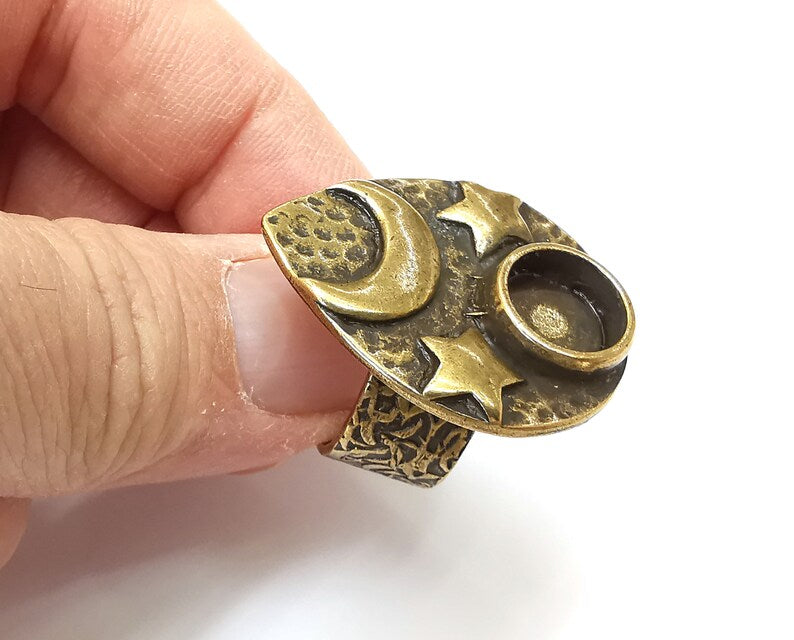 Drop Crescent Star Ring Setting Blank Cabochon Mounting Adjustable Resin Base Bezel Mosaic, Antique Bronze Plated Brass (10mm) G33366