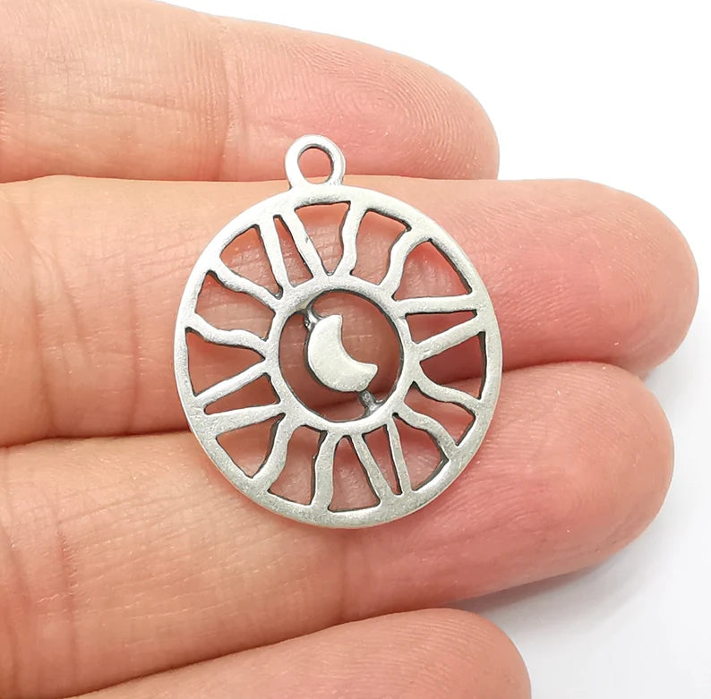 2 Ethnic Sun Crescent Charms Antique Silver Plated Charms (30x25mm) G33429