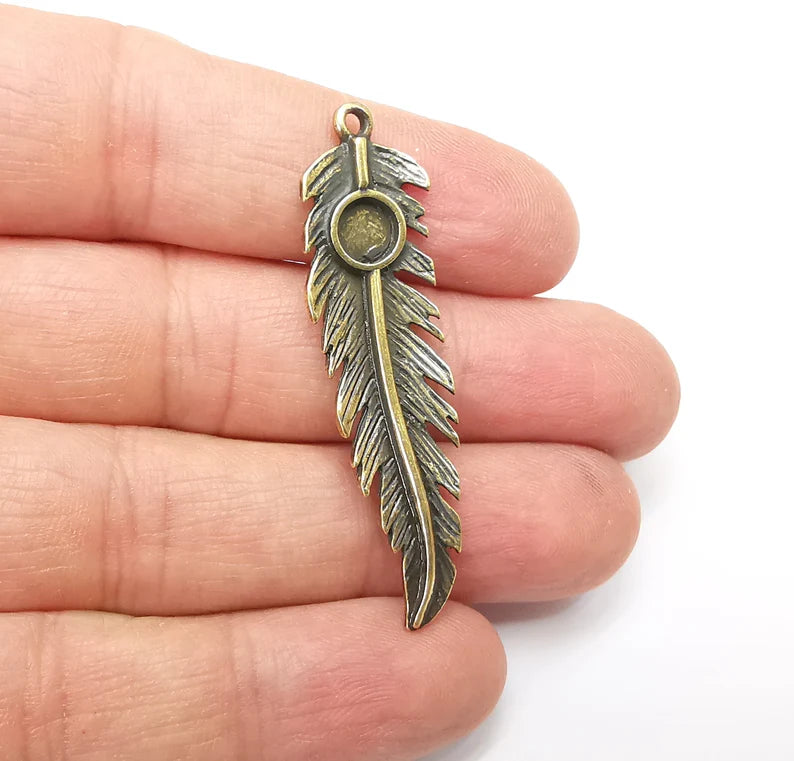 Feather Pendant Blanks, Resin Bezel Bases, Mosaic Mountings, Dry flower Frame, Polymer Clay base, Antique Bronze Plated (6mm) G33439