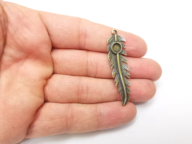 Feather Pendant Blanks, Resin Bezel Bases, Mosaic Mountings, Dry flower Frame, Polymer Clay base, Antique Bronze Plated (6mm) G33439