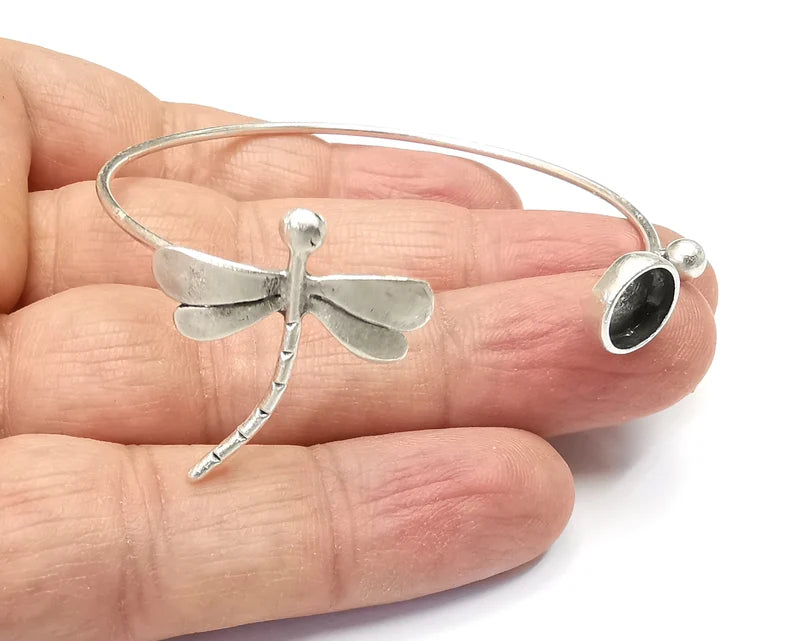 Dragonfly Bracelet Bezel Blank Resin Bezel Cabochon Cuff Base Settings Adjustable Bracelet Antique Silver Plated Brass (8mm Bezel) G33443