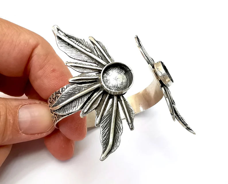Feathers Bracelet Bezel Blank Resin Bezel Cabochon Cuff Base Settings Adjustable Bracelet Antique Silver Plated Brass (12mm Bezel) G33444
