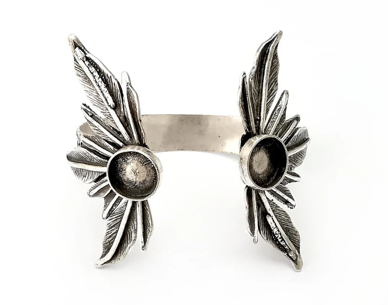 Feathers Bracelet Bezel Blank Resin Bezel Cabochon Cuff Base Settings Adjustable Bracelet Antique Silver Plated Brass (12mm Bezel) G33444