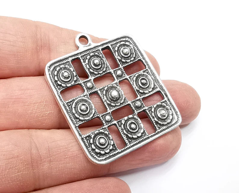 Ethnic, Flowers Square Charms Pendant Antique Silver Plated Charms (46x38mm) G33447