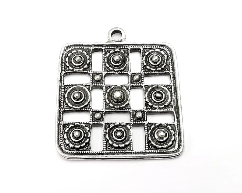 Ethnic, Flowers Square Charms Pendant Antique Silver Plated Charms (46x38mm) G33447