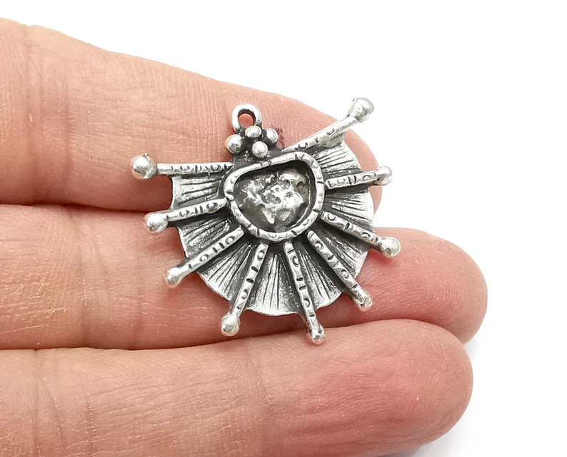 Ethnic Charms Blank Resin Bezel Mosaic Mountings Cabochon Setting Antique Silver Plated Pendant (35x31mm)(11x8mm Blank) G33450