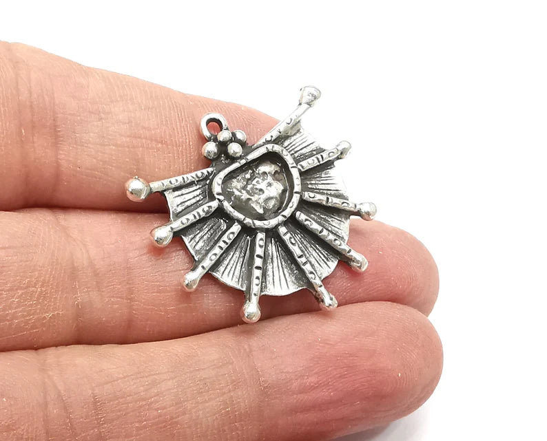 Ethnic Charms Blank Resin Bezel Mosaic Mountings Cabochon Setting Antique Silver Plated Pendant (35x31mm)(11x8mm Blank) G33450