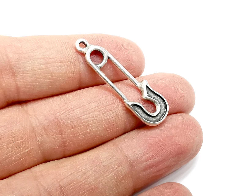 4 Safety Pin Charms, Antique Silver Plated Dangle Charms (35x11mm) G33454