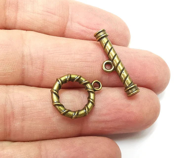 2 Twisted Swirl Toggle Clasps Set, Antique Bronze Plated Toggle Clasp Findings 25x7mm+19x15mm G33387
