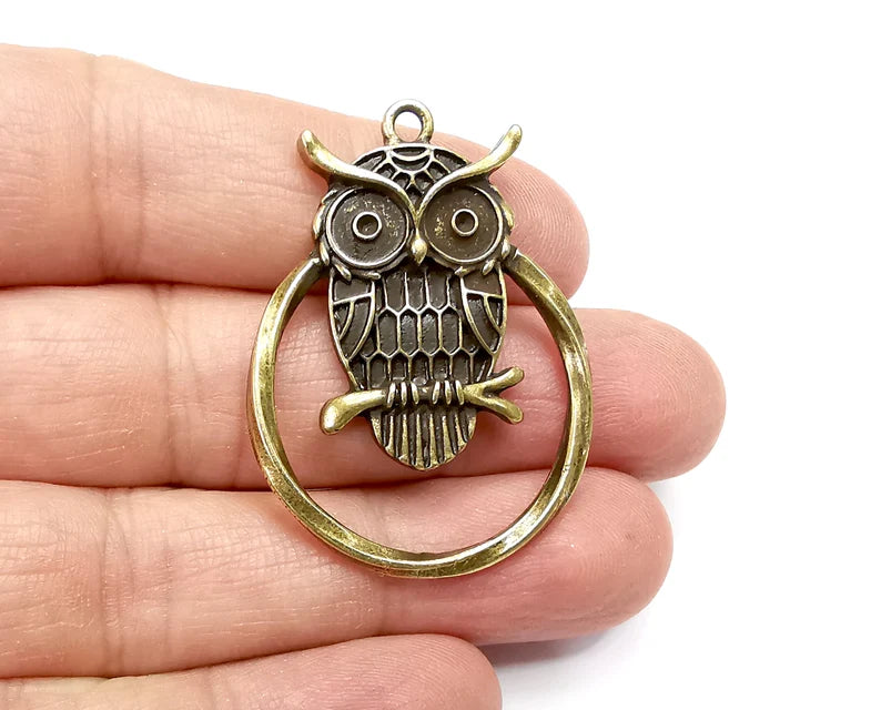 Owl Circle Charms, Antique Bronze Plated (44x32mm) G33460