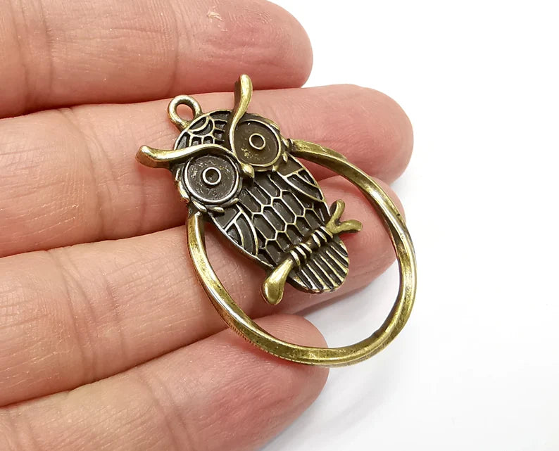 Owl Circle Charms, Antique Bronze Plated (44x32mm) G33460