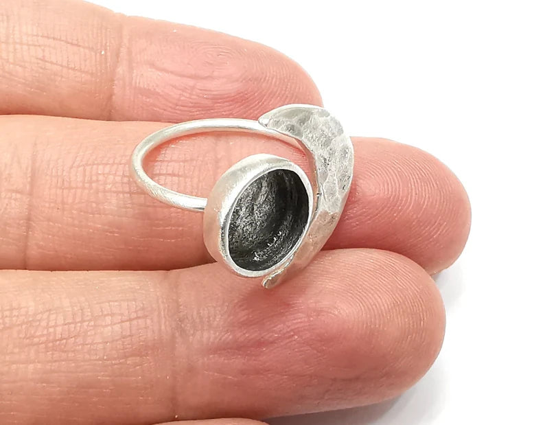 Crescent Moon Silver Ring Blank Base Bezel Settings Cabochon Base Mountings Adjustable , Antique Silver Plated Brass (10mm Blank) G33392