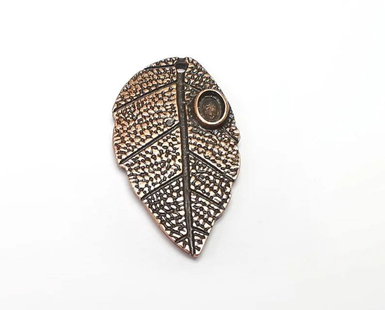 2 Leaf Charms Blank Mountings Cabochon Setting Antique Copper Plated Pendant (34x17mm)(6x4mm Blank) G33476