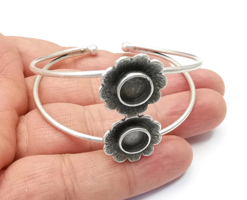 Flowers Bracelet Bezel Blank Resin Bezel Cabochon Cuff Base Settings Adjustable Bracelet Antique Silver Plated Brass (8mm Bezel) G33481