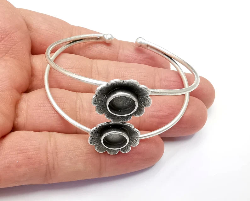 Flowers Bracelet Bezel Blank Resin Bezel Cabochon Cuff Base Settings Adjustable Bracelet Antique Silver Plated Brass (8mm Bezel) G33481