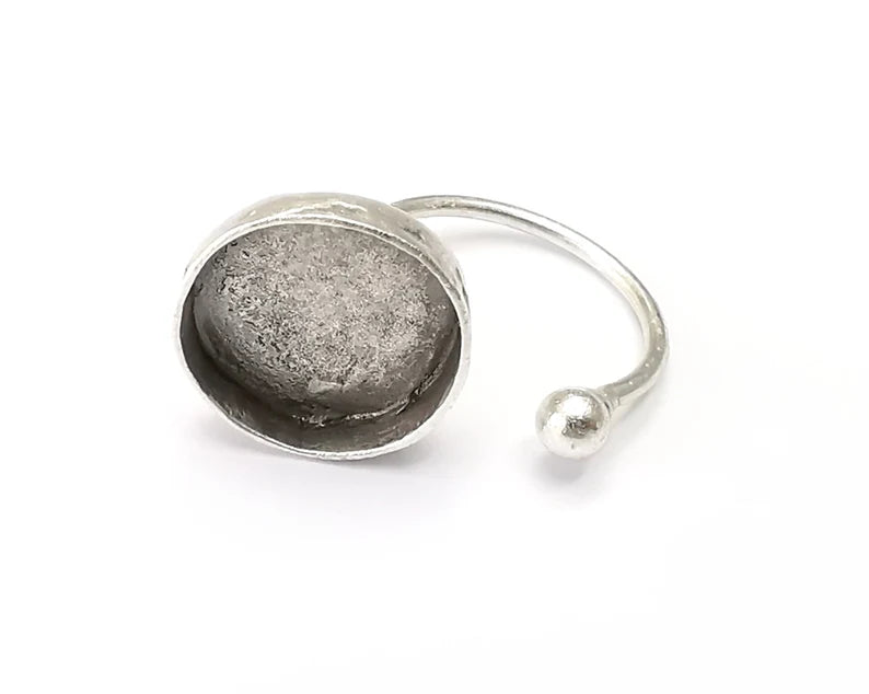 Round Ring Blank Setting, Cabochon Mounting, Adjustable Resin Ring Base Bezels, Antique Silver Plated (16mm) G33412