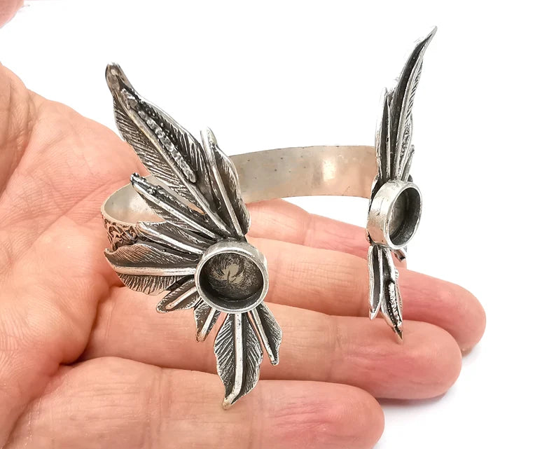 Feathers Bracelet Bezel Blank Resin Bezel Cabochon Cuff Base Settings Adjustable Bracelet Antique Silver Plated Brass (10mm Bezel) G33416
