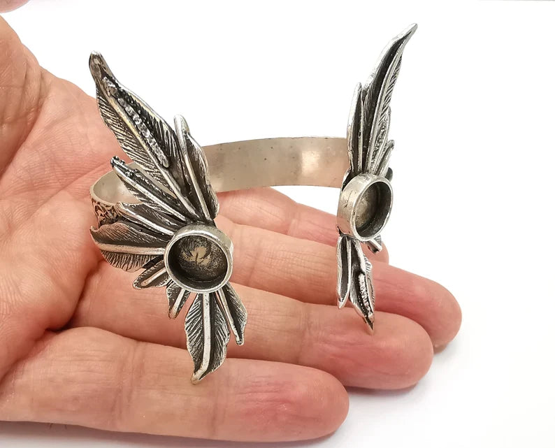 Feathers Bracelet Bezel Blank Resin Bezel Cabochon Cuff Base Settings Adjustable Bracelet Antique Silver Plated Brass (10mm Bezel) G33416
