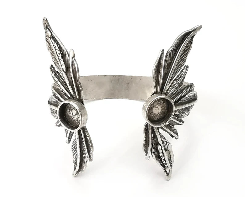 Feathers Bracelet Bezel Blank Resin Bezel Cabochon Cuff Base Settings Adjustable Bracelet Antique Silver Plated Brass (10mm Bezel) G33416