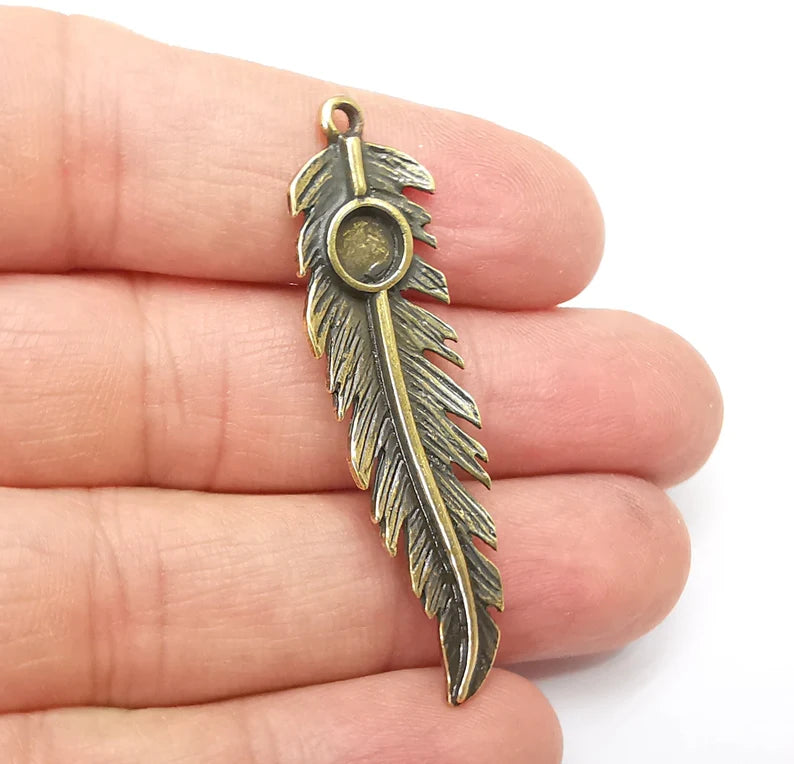 Feather Pendant Blanks, Resin Bezel Bases, Mosaic Mountings, Dry flower Frame, Polymer Clay base, Antique Bronze Plated (6mm) G33439