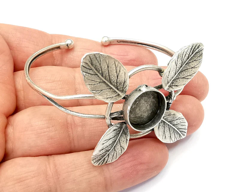 Leaf Bracelet Bezel Blank Resin Bezel Cabochon Cuff Base Settings Adjustable Bracelet Antique Silver Plated Brass (14mm Bezel) G33441