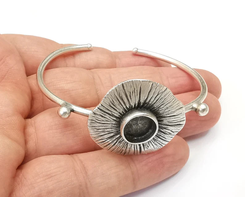 Flower Bracelet Bezel Blank Resin Bezel Cabochon Cuff Base Settings Adjustable Bracelet Antique Silver Plated Brass (10mm Bezel) G33442