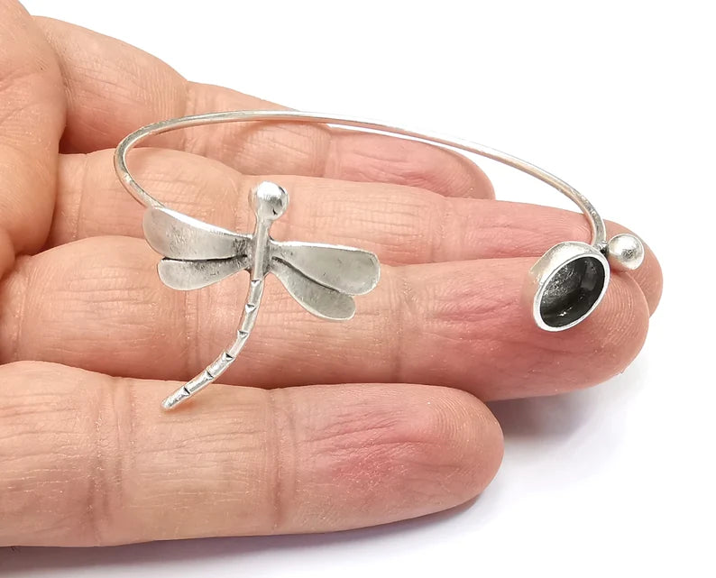 Dragonfly Bracelet Bezel Blank Resin Bezel Cabochon Cuff Base Settings Adjustable Bracelet Antique Silver Plated Brass (8mm Bezel) G33443