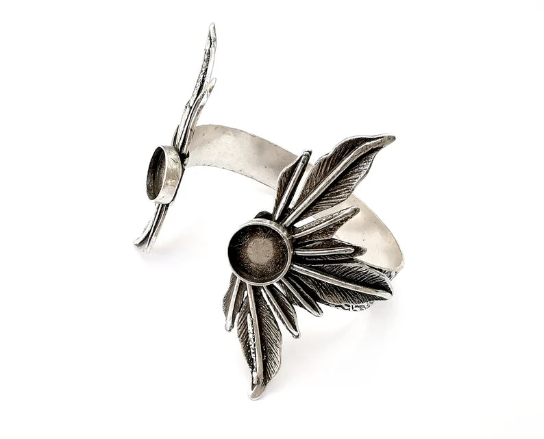 Feathers Bracelet Bezel Blank Resin Bezel Cabochon Cuff Base Settings Adjustable Bracelet Antique Silver Plated Brass (12mm Bezel) G33444