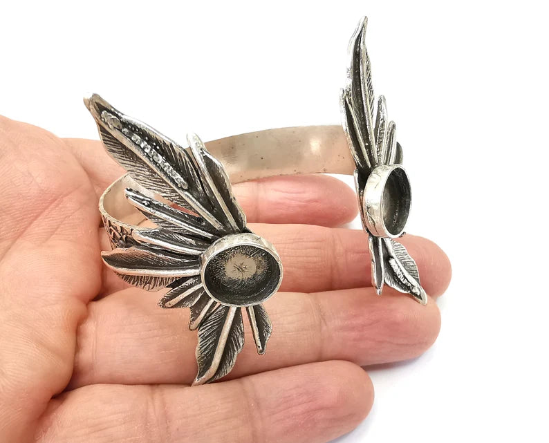 Feathers Bracelet Bezel Blank Resin Bezel Cabochon Cuff Base Settings Adjustable Bracelet Antique Silver Plated Brass (12mm Bezel) G33444