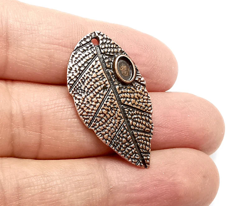 2 Leaf Charms Blank Mountings Cabochon Setting Antique Copper Plated Pendant (34x17mm)(6x4mm Blank) G33476