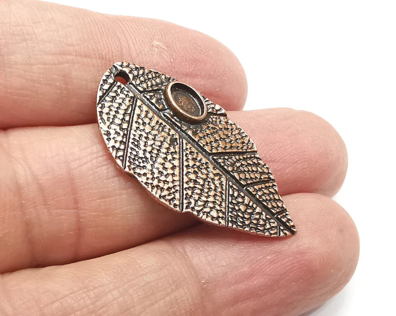 2 Leaf Charms Blank Mountings Cabochon Setting Antique Copper Plated Pendant (34x17mm)(6x4mm Blank) G33476