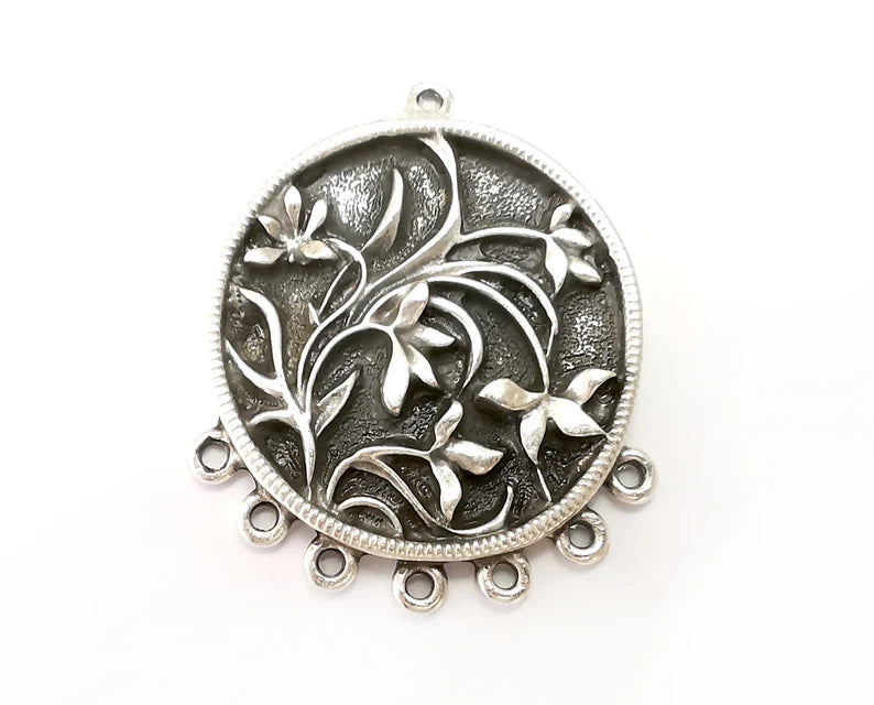 Flower Round Pendant, Charms, Connector Antique Silver Plated (44x36mm) G33479