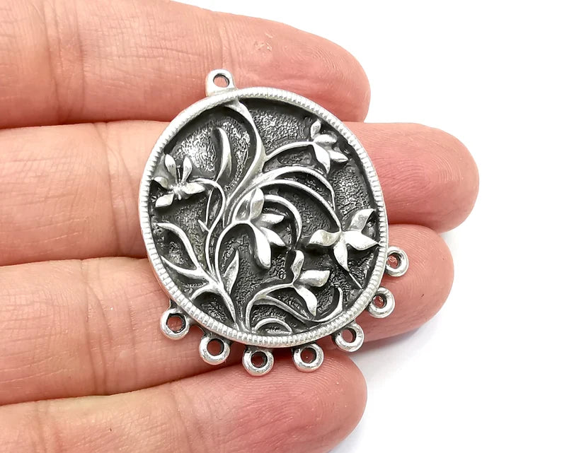 Flower Round Pendant, Charms, Connector Antique Silver Plated (44x36mm) G33479