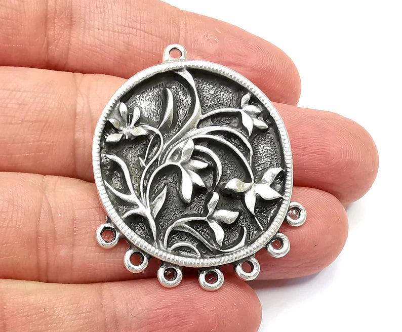 Flower Round Pendant, Charms, Connector Antique Silver Plated (44x36mm) G33479