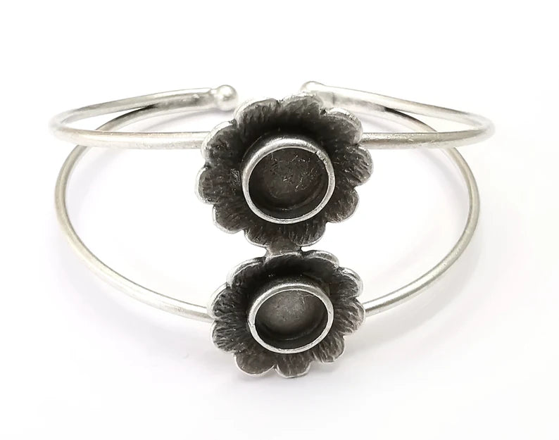 Flowers Bracelet Bezel Blank Resin Bezel Cabochon Cuff Base Settings Adjustable Bracelet Antique Silver Plated Brass (8mm Bezel) G33481