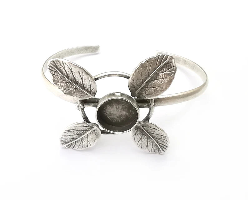 Leaf Bracelet Blank Resin Bezel Cabochon Cuff Base Settings Adjustable Bracelet Antique Silver Plated Brass (14mm Bezel) G33492