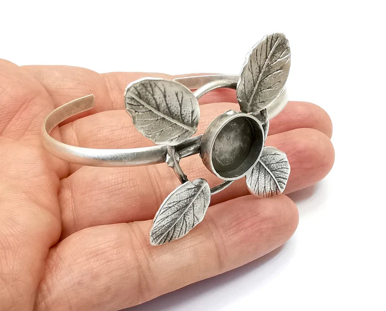 Leaf Bracelet Blank Resin Bezel Cabochon Cuff Base Settings Adjustable Bracelet Antique Silver Plated Brass (14mm Bezel) G33492